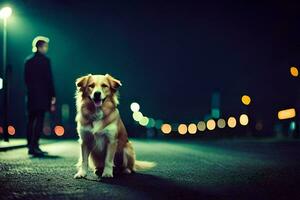 a dog sitting on the street at night. AI-Generated photo