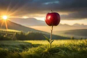 an apple is sitting on a stem in the middle of a field. AI-Generated photo