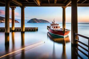 a boat sits under a pier at sunset. AI-Generated photo