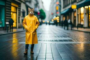 a cat in a yellow raincoat standing on a street. AI-Generated photo