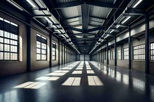 an empty warehouse with windows and a long hallway. AI-Generated photo