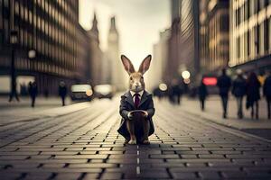 a rabbit in a suit and tie sitting on the street. AI-Generated photo