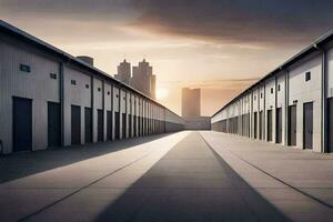 a long empty warehouse with the sun setting behind it. AI-Generated photo