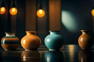 five vases are lined up in front of a light. AI-Generated photo