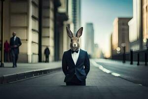 un Conejo en un traje y Corbata en pie en el calle. generado por ai foto