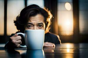 un hombre es mirando a el cámara mientras participación un café taza. generado por ai foto