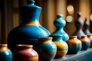 a row of colorful vases on a shelf. AI-Generated photo