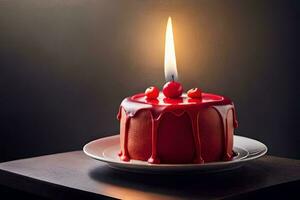 a red birthday cake with a candle on top. AI-Generated photo