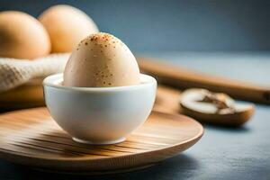 eggs in a cup on a wooden tray. AI-Generated photo