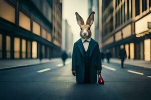 un Conejo vestido en un traje y Corbata en pie en el medio de un ciudad calle. generado por ai foto