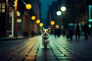 a dog standing on a street at night. AI-Generated photo