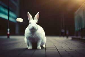 a white rabbit is sitting on the ground in a city. AI-Generated photo