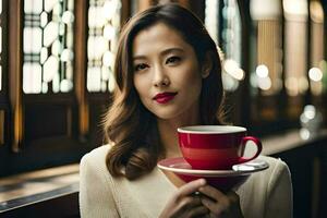 a woman holding a red cup and saucer. AI-Generated photo