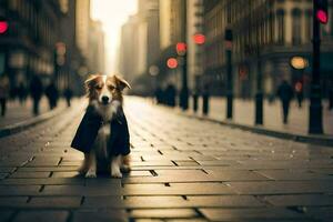 a dog wearing a coat standing on a street. AI-Generated photo