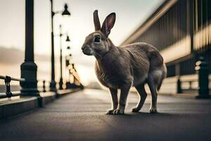 a rabbit is standing on a bridge at sunset. AI-Generated photo