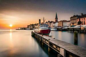 a boat docked at the pier in a town at sunset. AI-Generated photo