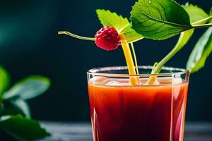 un vaso de sangre naranja jugo con un frambuesa guarnación. generado por ai foto