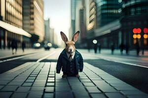 a rabbit wearing a jacket and standing on a street. AI-Generated photo