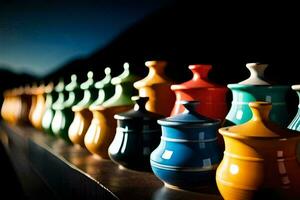 a row of colorful vases lined up on a table. AI-Generated photo