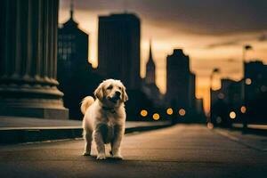 un perro es en pie en el medio de un ciudad calle. generado por ai foto