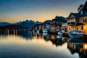 un hermosa puesta de sol terminado un lago con casas y barcos generado por ai foto