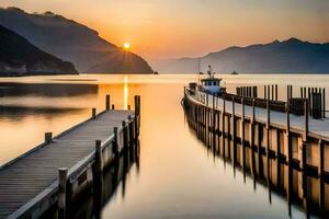 a boat dock at sunset with mountains in the background. AI-Generated photo