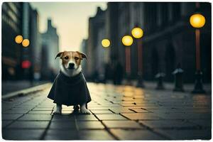 un perro vistiendo un Saco en pie en un calle. generado por ai foto