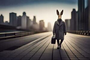 a rabbit wearing a coat and carrying a briefcase walks down a street. AI-Generated photo