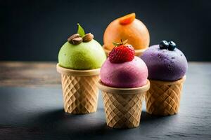 four ice cream cones with different colored toppings. AI-Generated photo