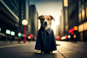 un perro vistiendo un Saco y en pie en un ciudad calle. generado por ai foto
