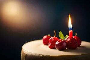 a birthday cake with a single candle. AI-Generated photo