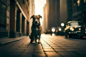 a dog sitting on the sidewalk in a city. AI-Generated photo