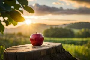 un manzana se sienta en parte superior de un tocón en frente de un puesta de sol. generado por ai foto