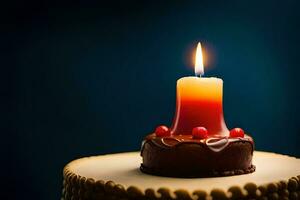 un soltero vela es iluminado en un chocolate pastel. generado por ai foto