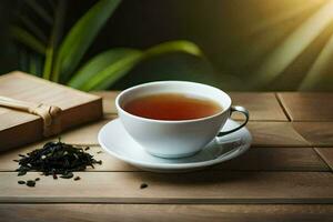 a cup of tea on a wooden table. AI-Generated photo
