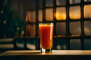 un vaso de naranja jugo sentado en un mesa. generado por ai foto