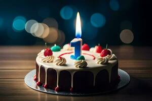 a birthday cake with a lit candle on top. AI-Generated photo