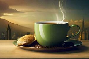 the coffee cup is on a saucer with a cookie on the table. AI-Generated photo