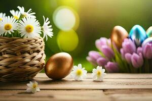 easter eggs in a basket with daisies and tulips. AI-Generated photo