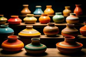 a row of colorful vases on a shelf. AI-Generated photo