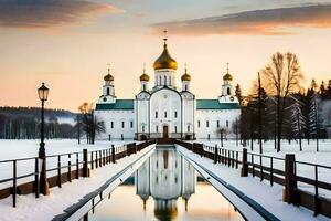 el ruso Iglesia en invierno. generado por ai foto