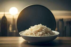 a bowl of rice sits on a table in front of a cityscape. AI-Generated photo