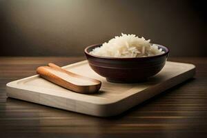 a bowl of rice and wooden spoon on a wooden tray. AI-Generated photo
