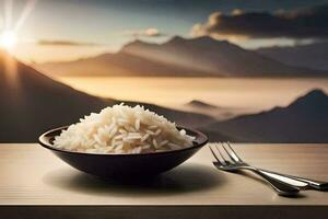 a bowl of rice and a fork on a table with mountains in the background. AI-Generated photo