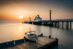 a boat docked at the pier at sunset. AI-Generated photo