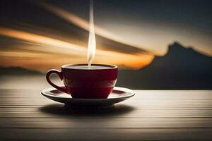 a cup of coffee on a table with a mountain in the background. AI-Generated photo