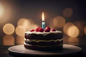 a chocolate cake with a single candle on top. AI-Generated photo