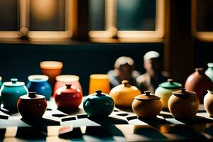 a group of colorful vases sit on a table. AI-Generated photo