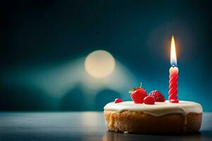 a single candle is lit on a cake with berries. AI-Generated photo