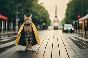 a cat wearing a yellow cape walks down a street. AI-Generated photo